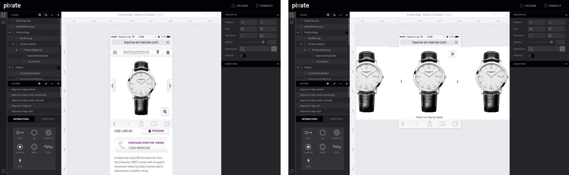 Screenshots of a Pixate prototype of the image gallery with touch gestures