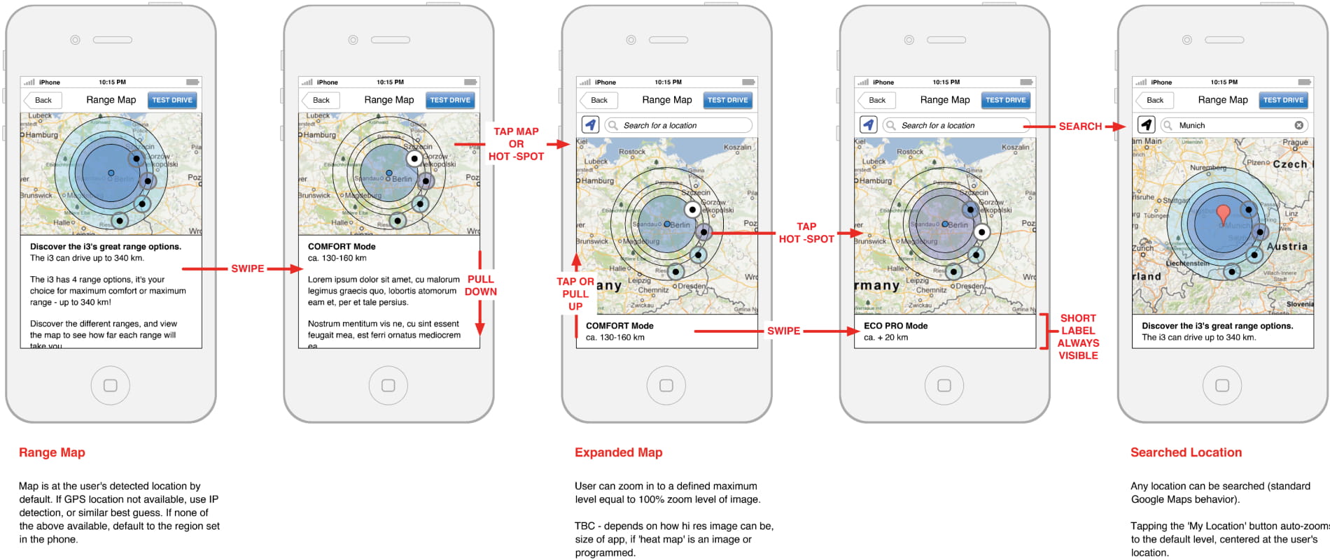 Wireframes explaining the functionality of a screen’s different states