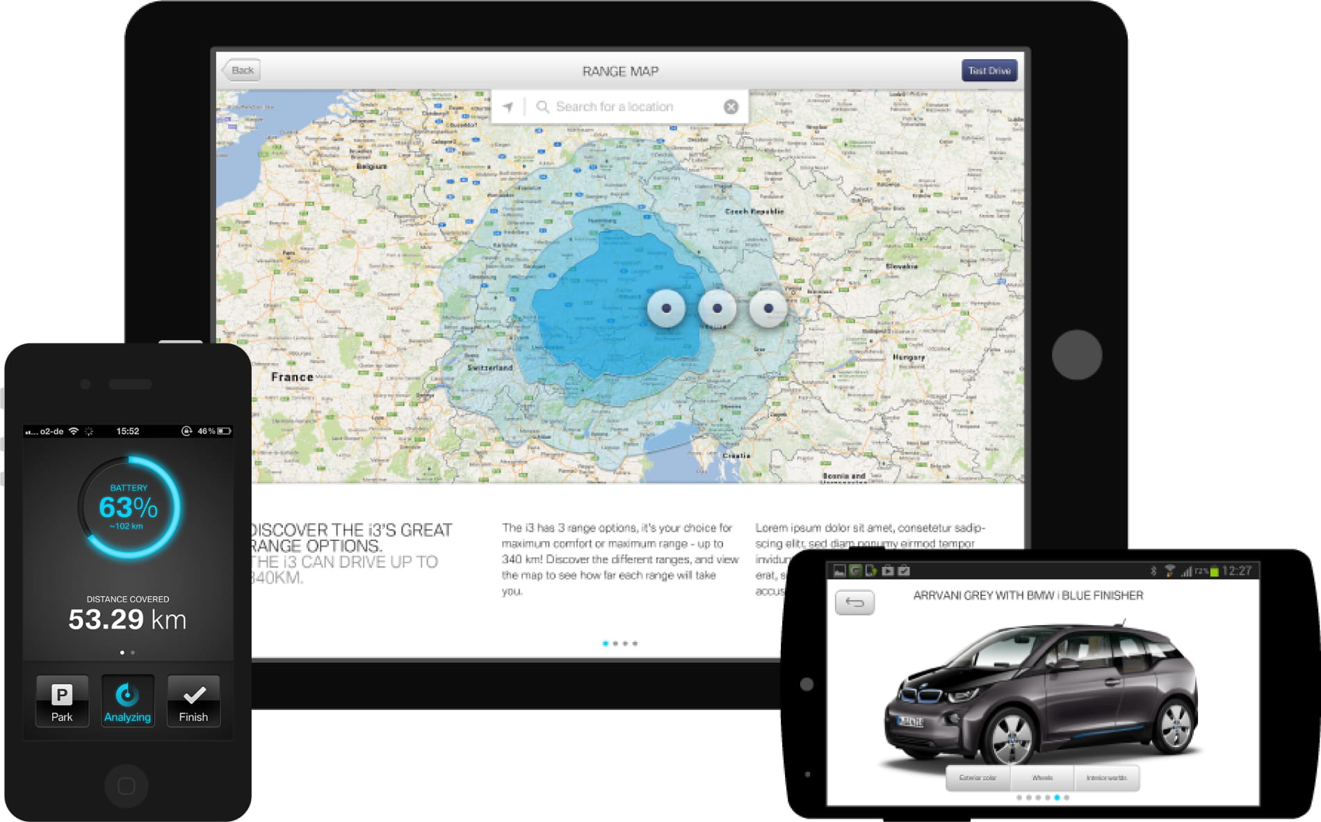 Screenshots of the finished app on an iPad, iPhone and Android mobile device.