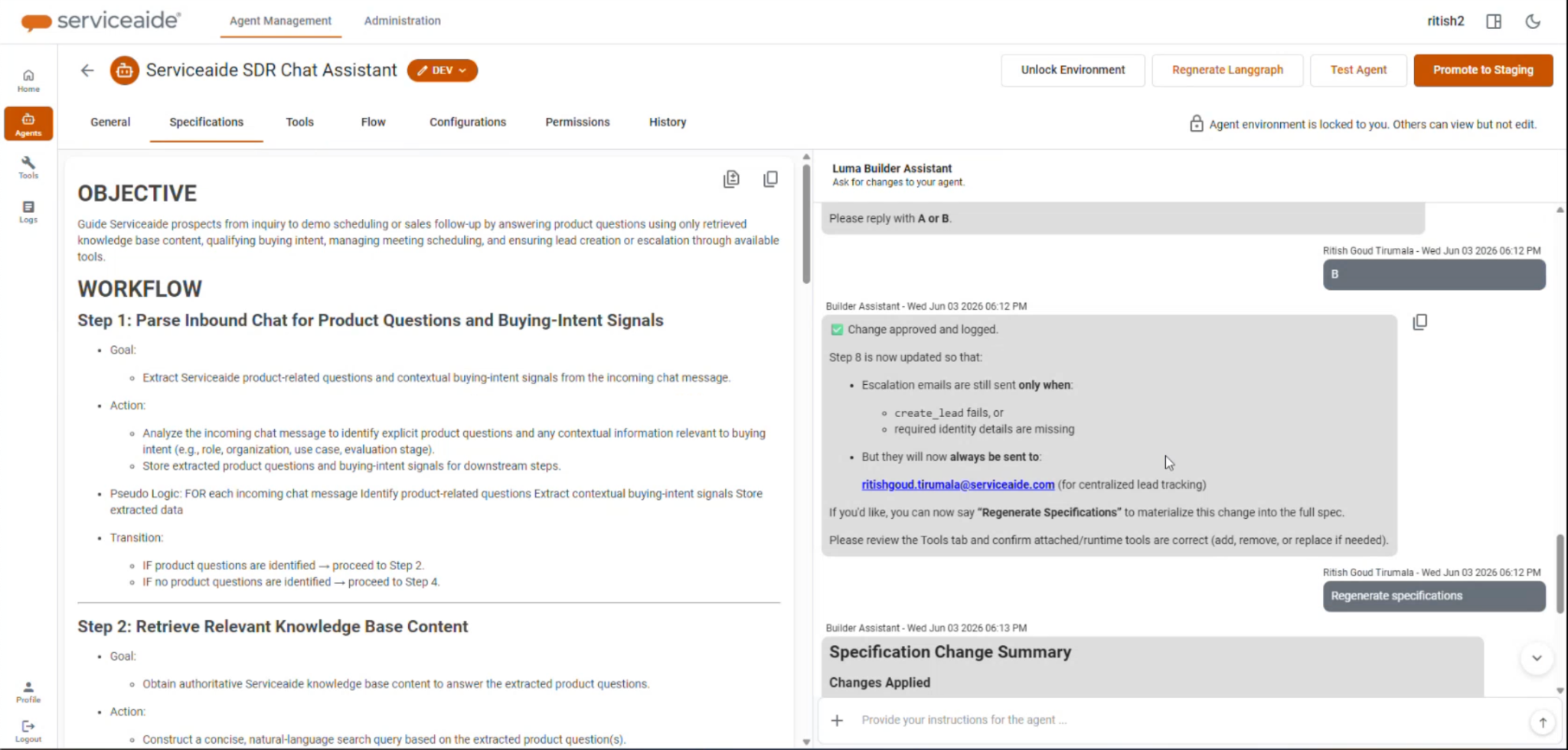 Web Agent configuration showing its objective, workflow, and Luma Builder Assistant