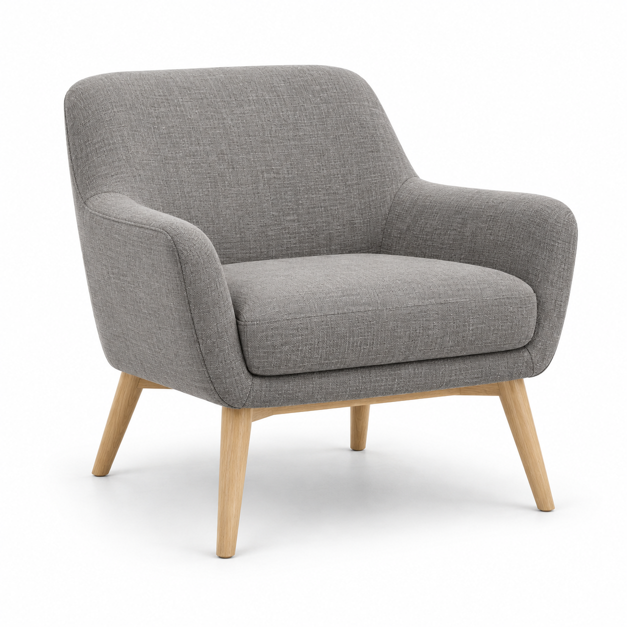 Gray upholstered lounge chair with natural wood legs