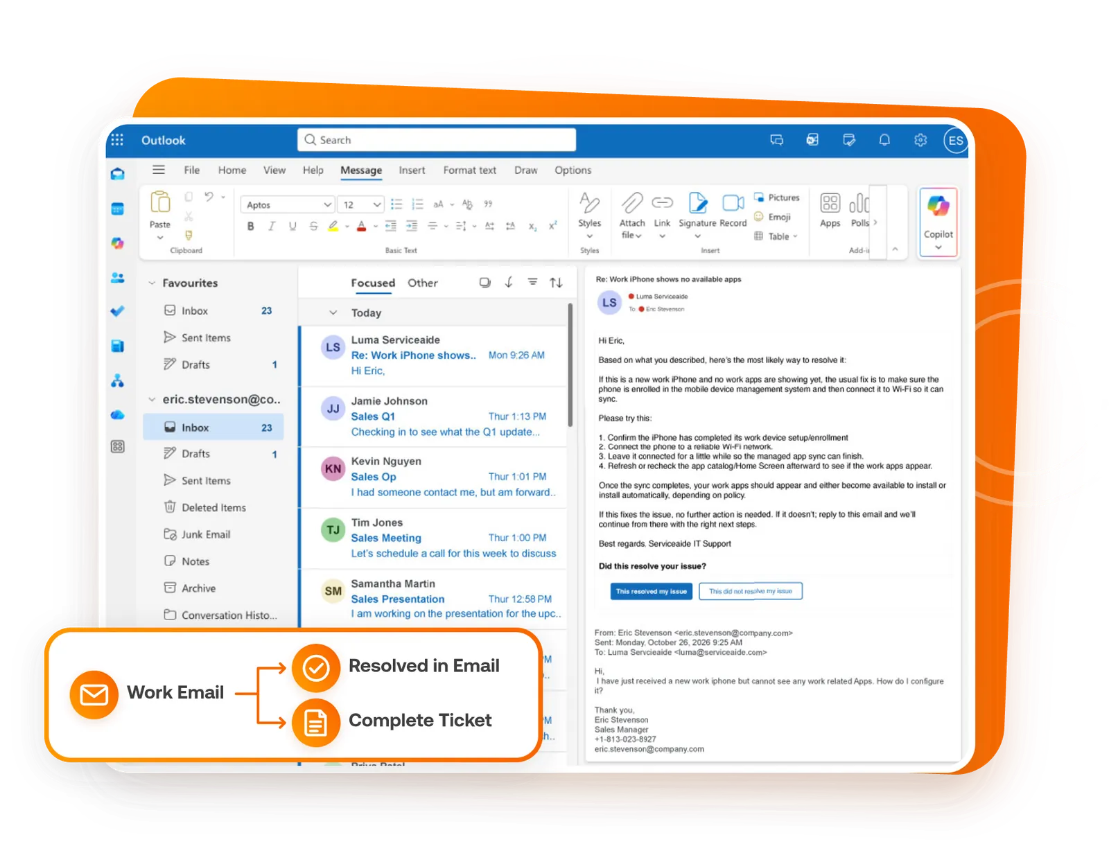 Outlook email resolved by the Email Agent, with branches to Resolved in Email and Complete Ticket