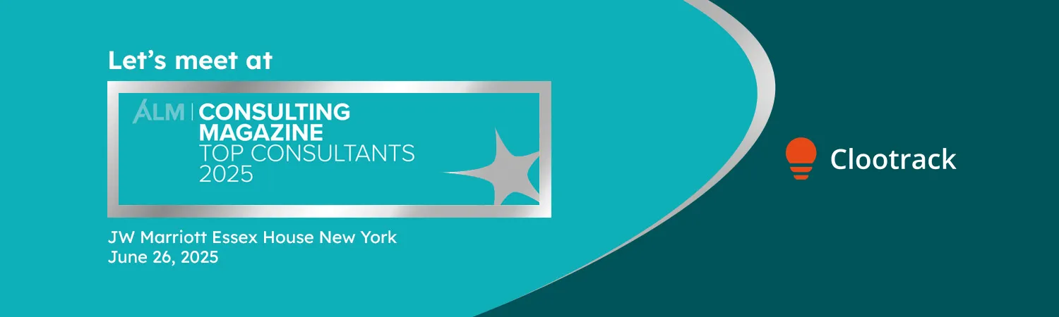 Invitation to meet at ALM Consulting Magazine Top Consultants 2025 event at JW Marriott Essex House New York on June 26, 2025, with Clootrack logo.