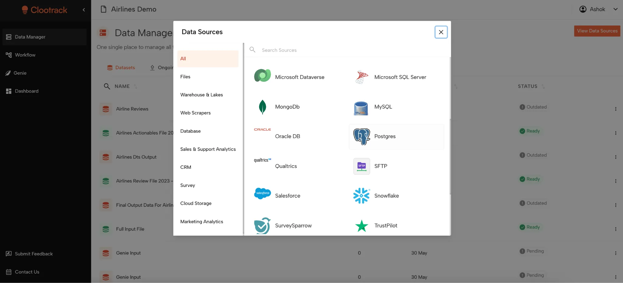 Data Sources window in Clootrack showing icons and names of sources like Microsoft Dataverse, Salesforce, MySQL, Postgres, MongoDB, Oracle DB, Snowflake, and others with a sidebar for categories.