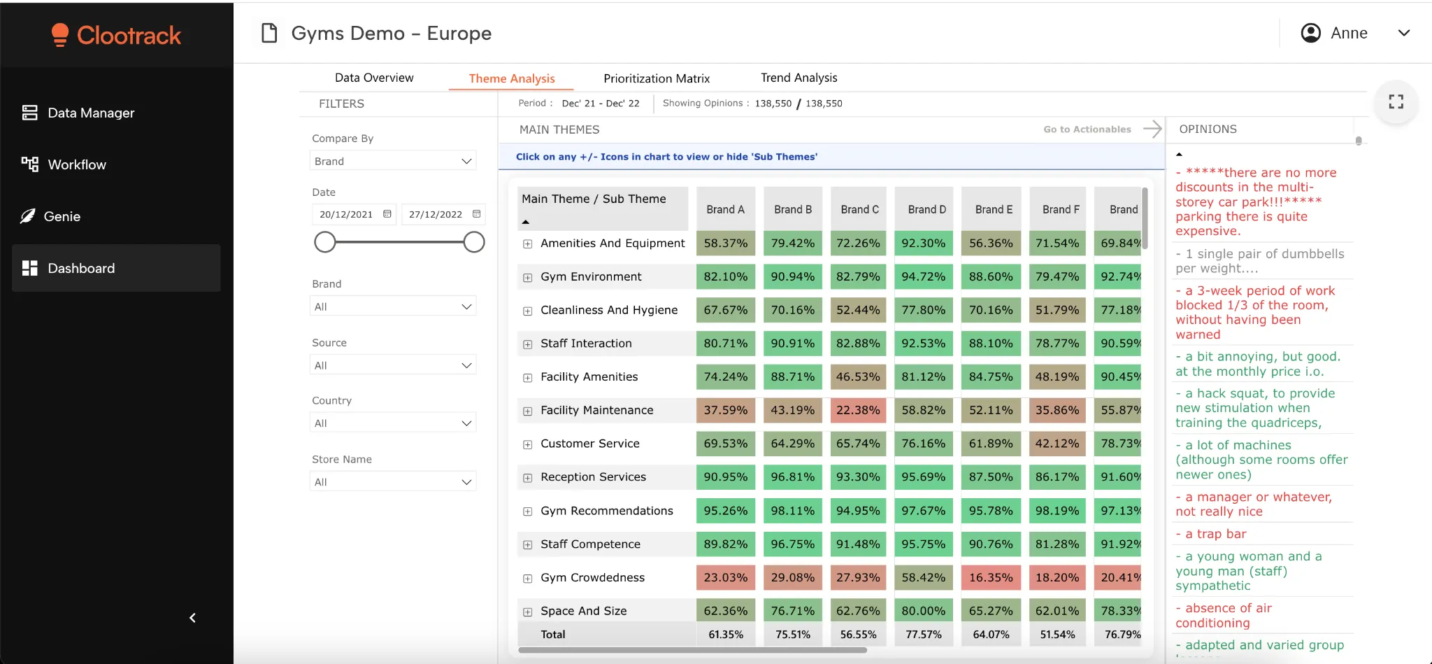 Dashboard interface showing theme analysis of gym brands in Europe with a table of main and sub themes scored by brands and a sidebar with filters and user comments.