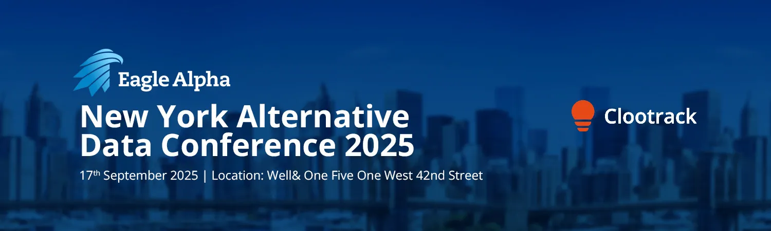 Banner for New York Alternative Data Conference 2025 on September 17 at Well& One Five One West 42nd Street with Eagle Alpha and Clootrack logos.