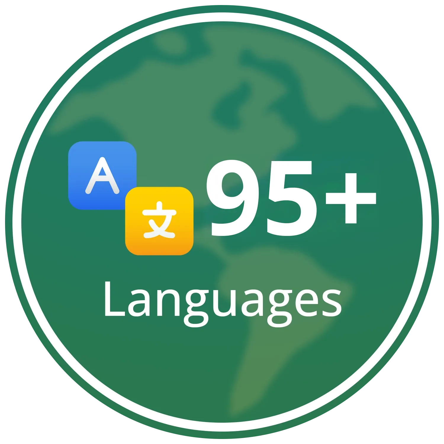 Icon showing two language symbols with text reading '95+ Languages' on a green globe background.