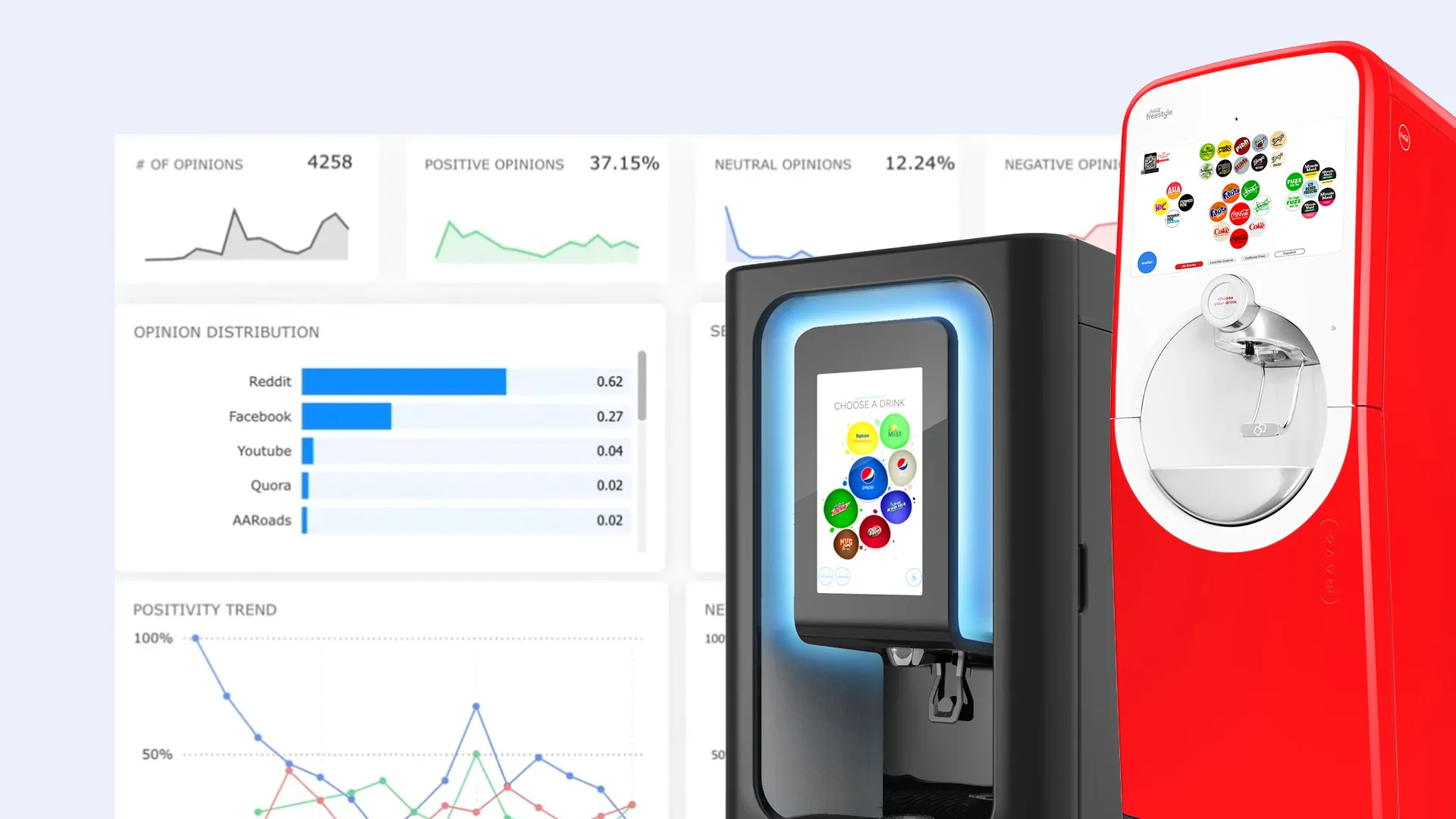 Comparison image of a black Pepsi Spire soda fountain machine and a red Coca-Cola Freestyle machine with analytics charts in the background.