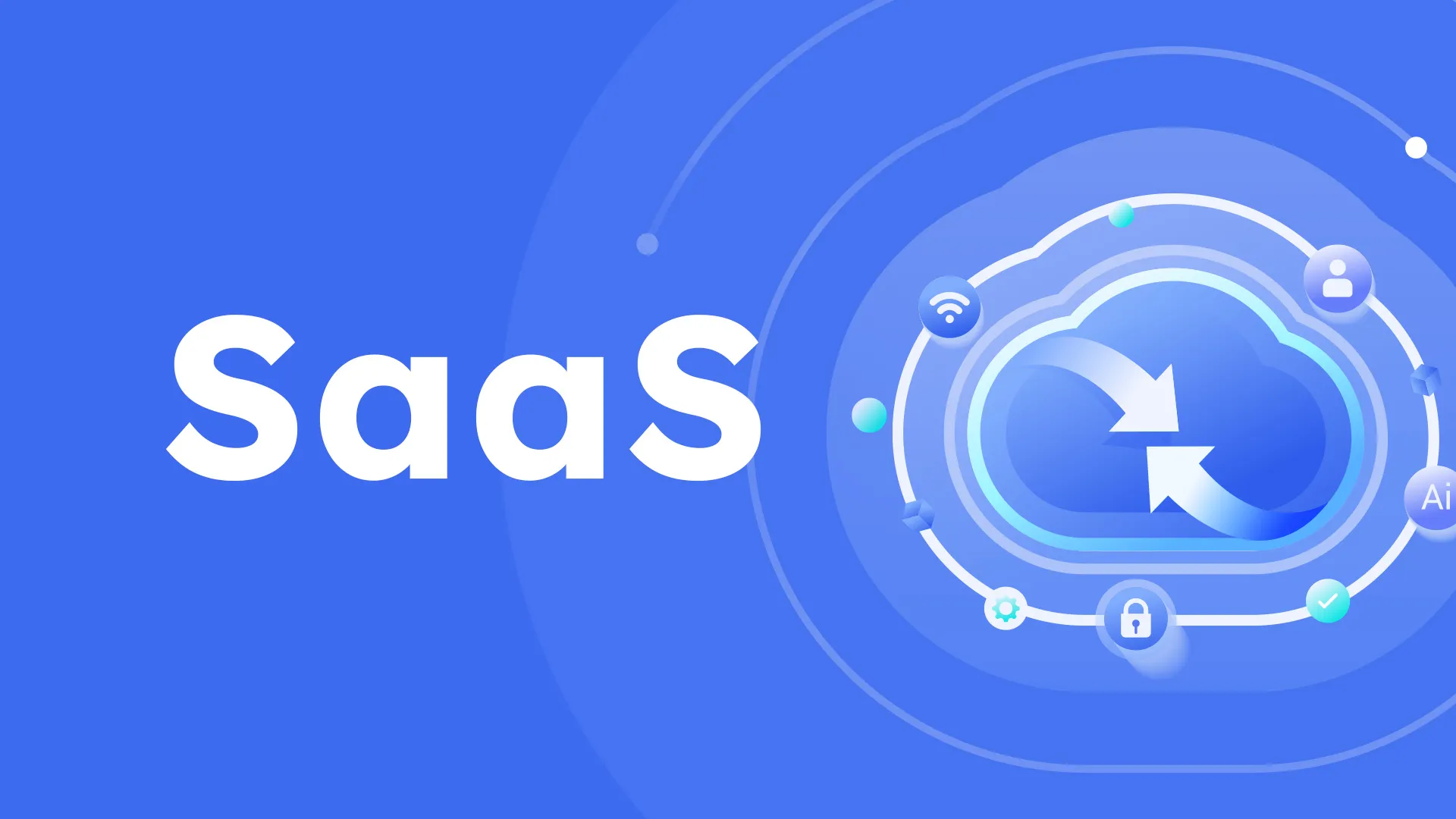 Blue background with the text SaaS and a cloud icon surrounded by technology and security symbols representing software as a service.