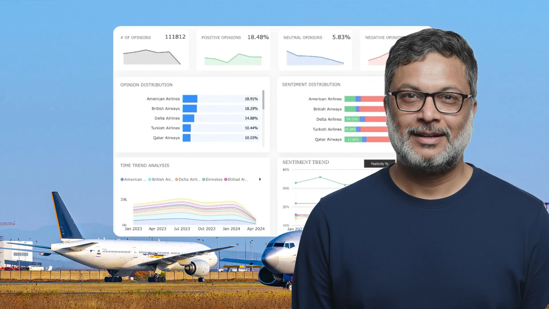 Man with glasses and gray beard in navy shirt stands in front of an airport runway with planes and a digital dashboard showing airline opinion and sentiment data.