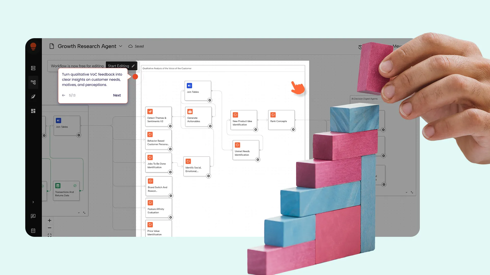 Person's hand placing a pink wooden block on a colorful ascending staircase structure in front of a laptop screen displaying a Growth Research Agent workflow with annotated steps for customer insights.
