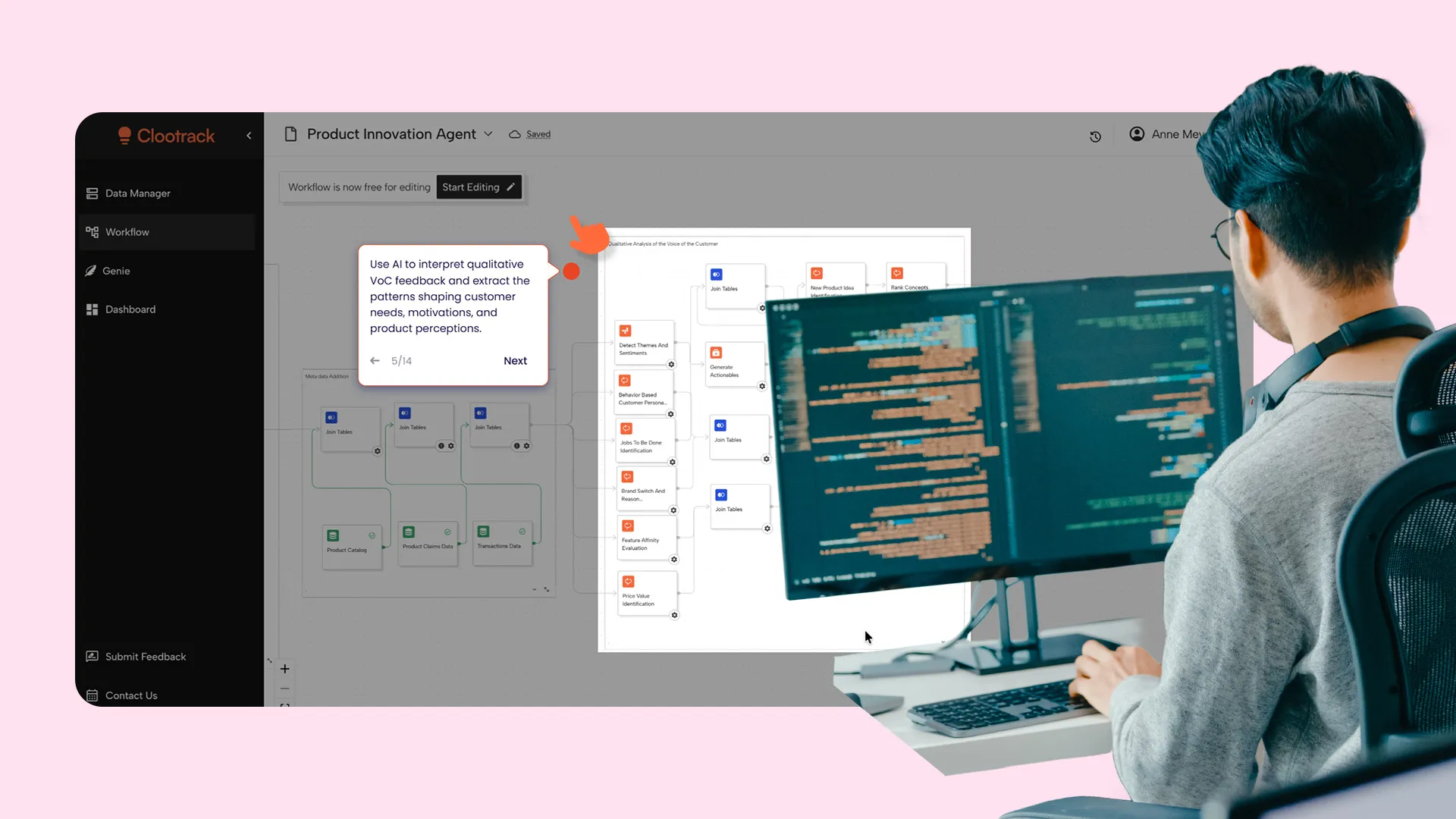 Person working on dual monitors with code displayed, alongside a workflow diagram for Product Innovation Agent software on screen.