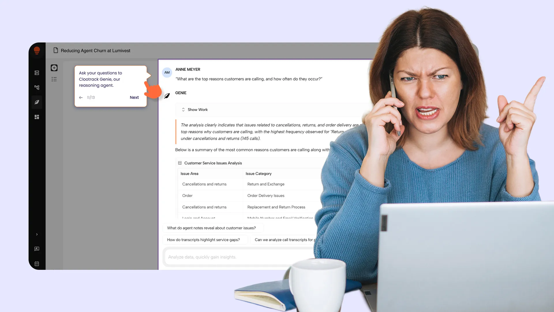 Frustrated woman in blue sweater talking on phone and pointing upward, sitting at a desk with a laptop, a mug, and a notebook, with a customer service analysis dashboard visible in the background.