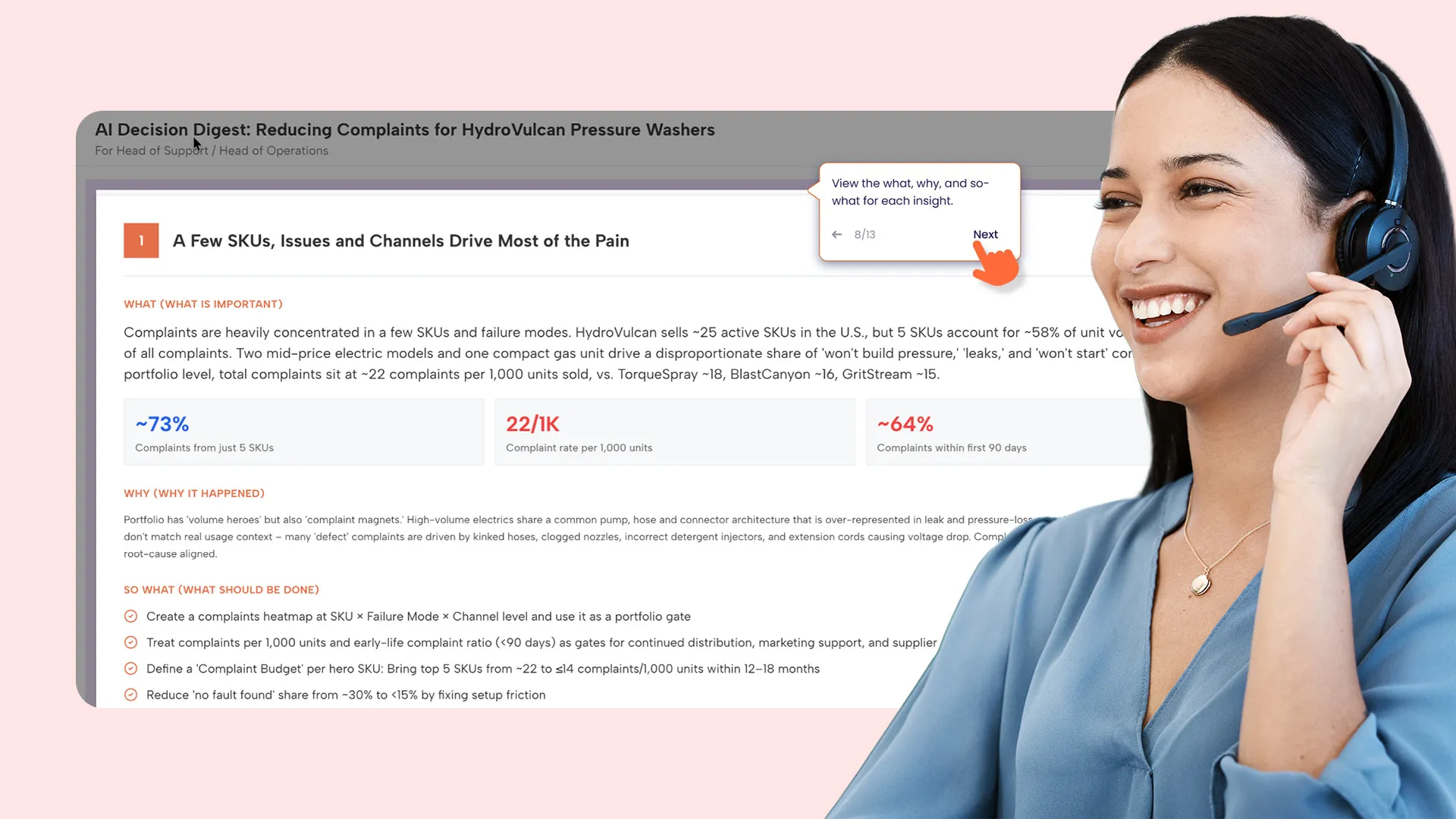 Smiling woman wearing a headset next to a screen showing AI decision digest on reducing complaints for HydroVulcan pressure washers.