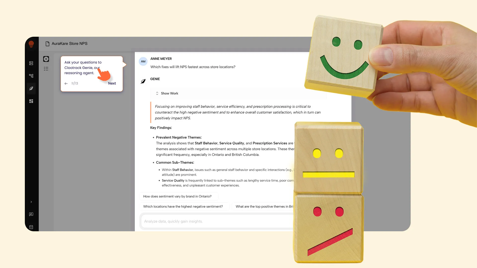 Hand holding a wooden block with a green smiling face above two stacked wooden blocks showing neutral and sad faces in front of a computer screen displaying a customer service analysis interface.