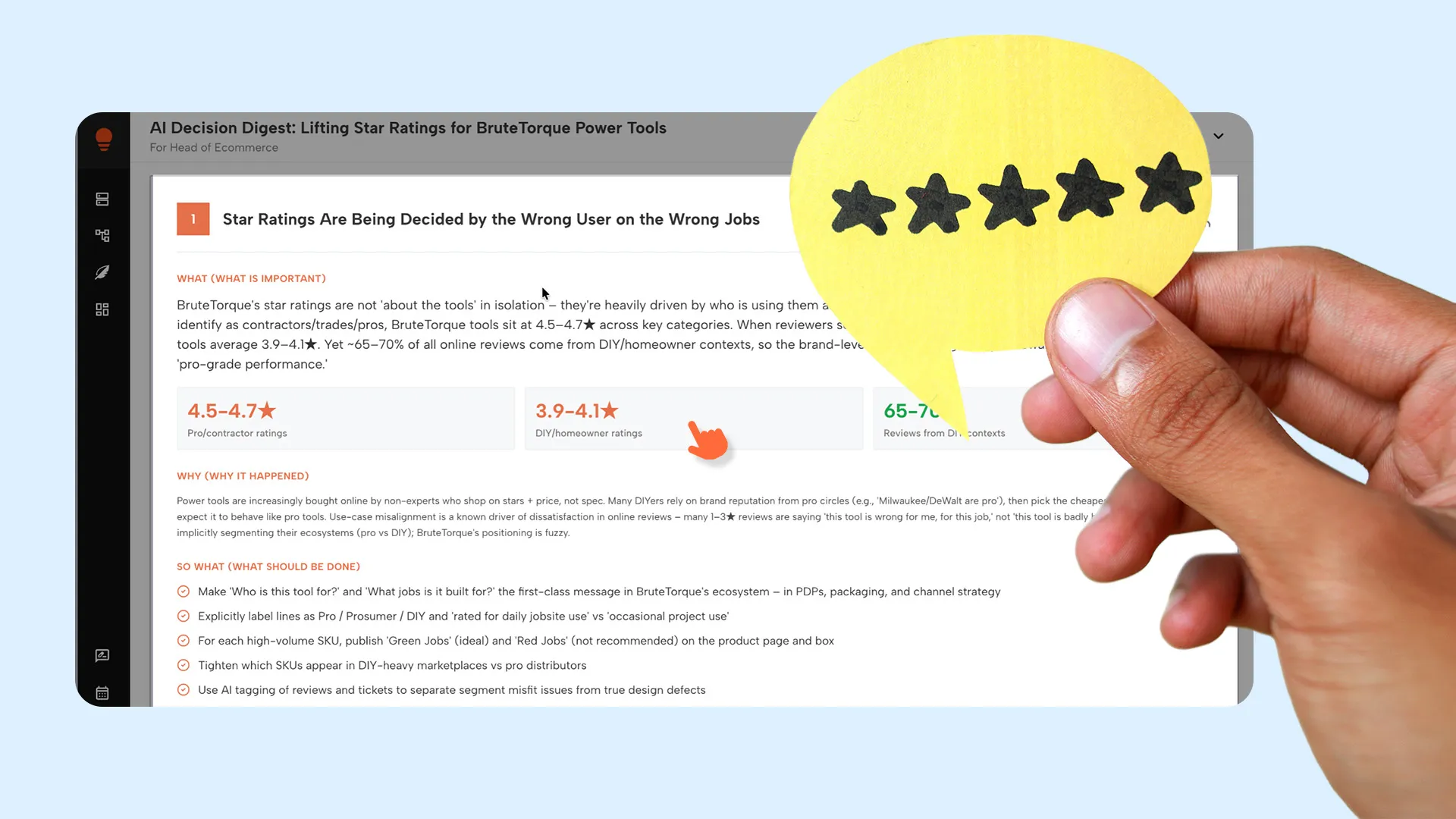 Hand holding a yellow speech bubble with five black stars over a webpage about improving star ratings for BruteTorque power tools.