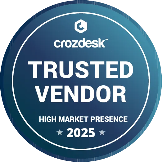Blue circular badge with white text reading 'crozdesk trusted vendor high market presence 2025'.