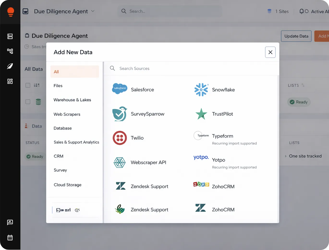 Software interface screen showing 'Add New Data' window with data source options including Salesforce, Snowflake, SurveySparrow, TrustPilot, Twilio, Typeform, Webscraper API, Yotpo, Zendesk Support, and ZohoCRM.
