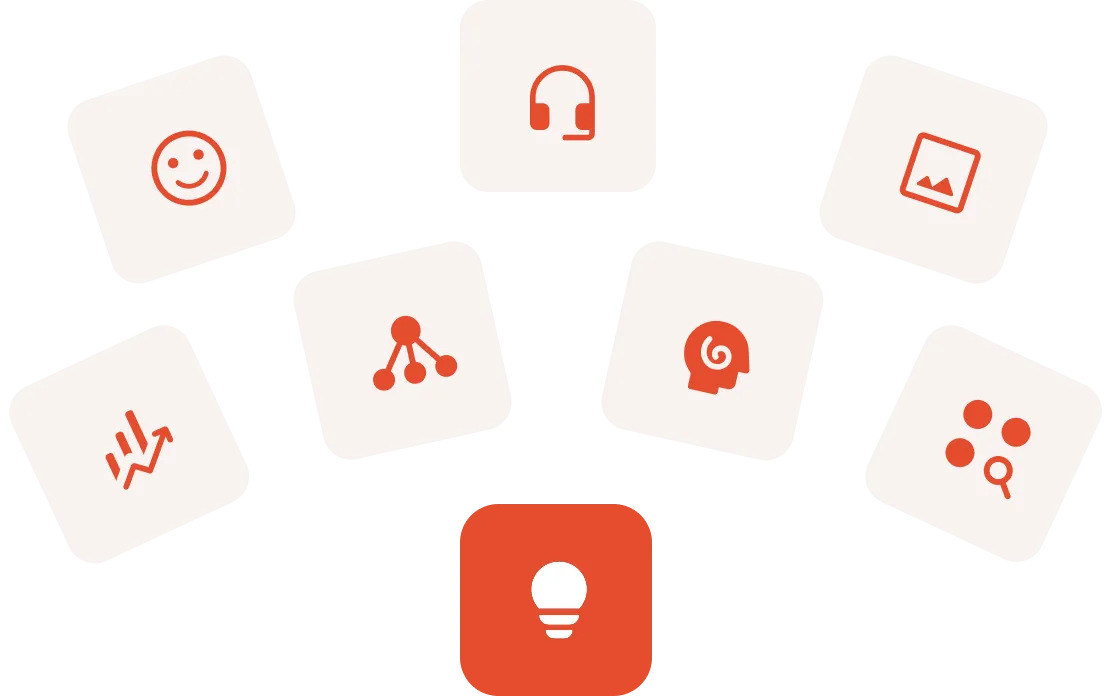 Seven square icons arranged in a semi-circle with orange symbols including a clootrack logo, smiley face, headset, image, graph, network nodes, human head with spiral, and magnifying glass with dots.