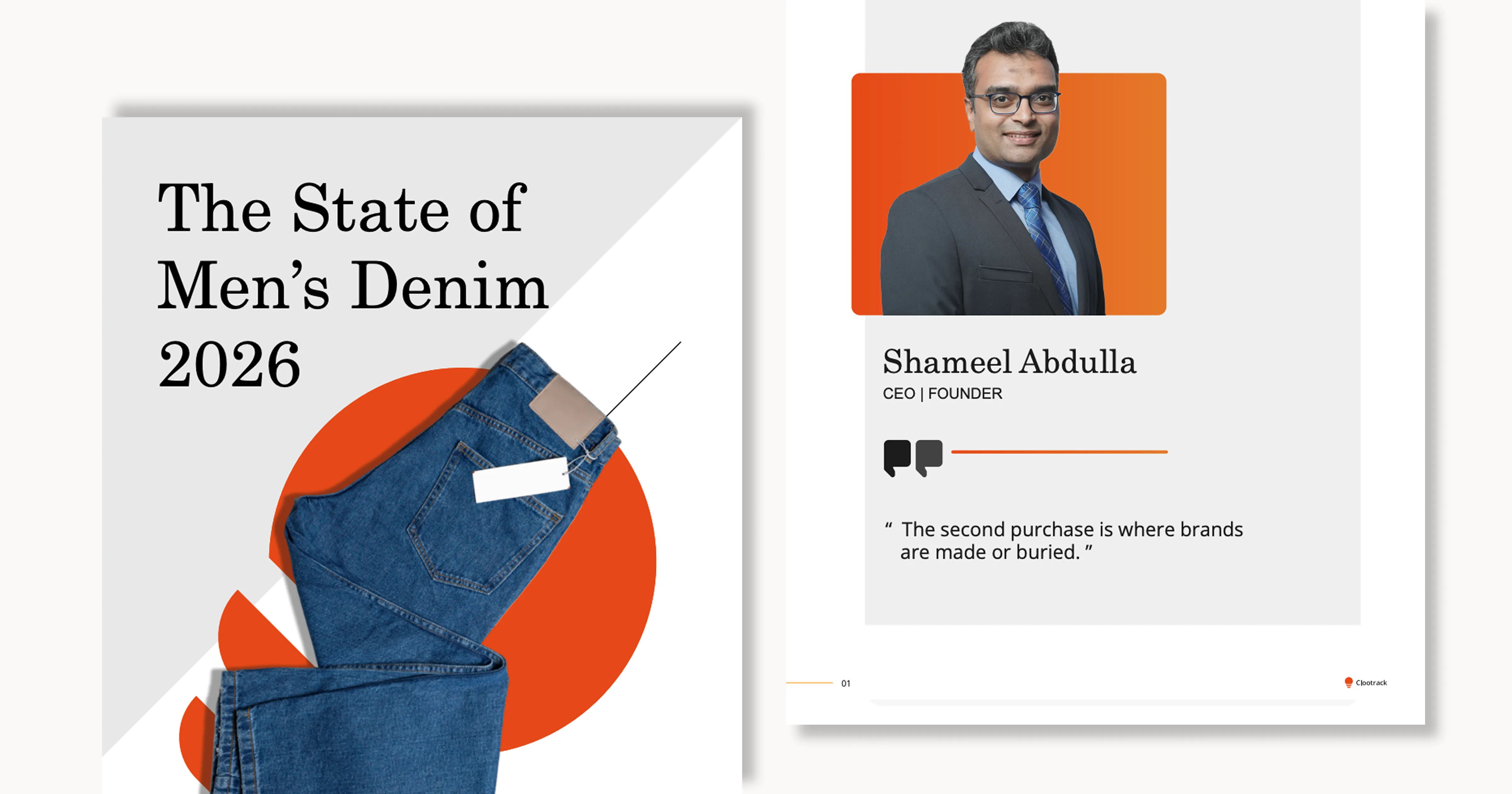 Cover of The State of Men's Denim 2026 report featuring folded blue jeans and a photo of Shameel Abdulla with his quote on brand loyalty.