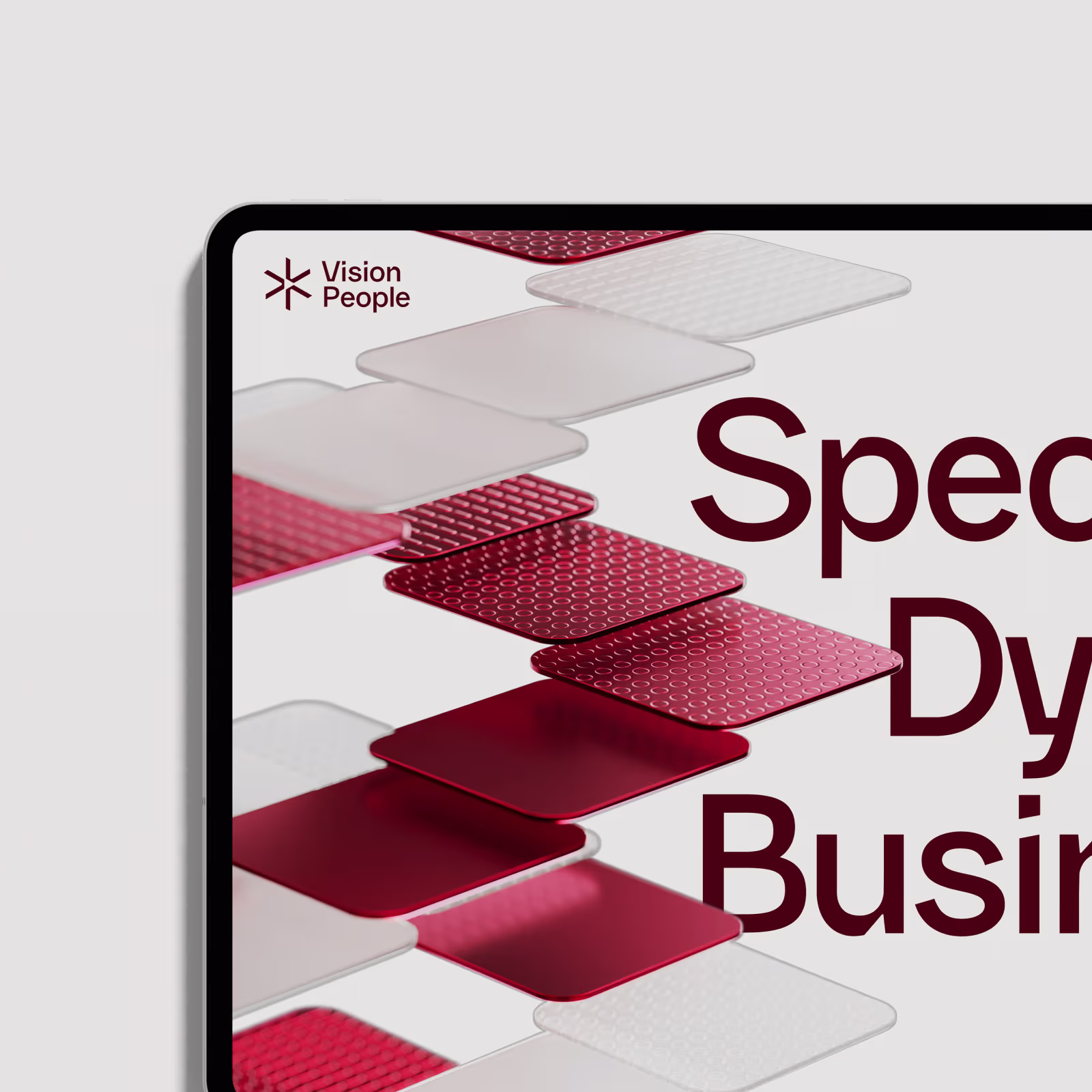 Screenshot of a tablet displaying floating translucent and textured red and white squares with partial text and Vision People logo.