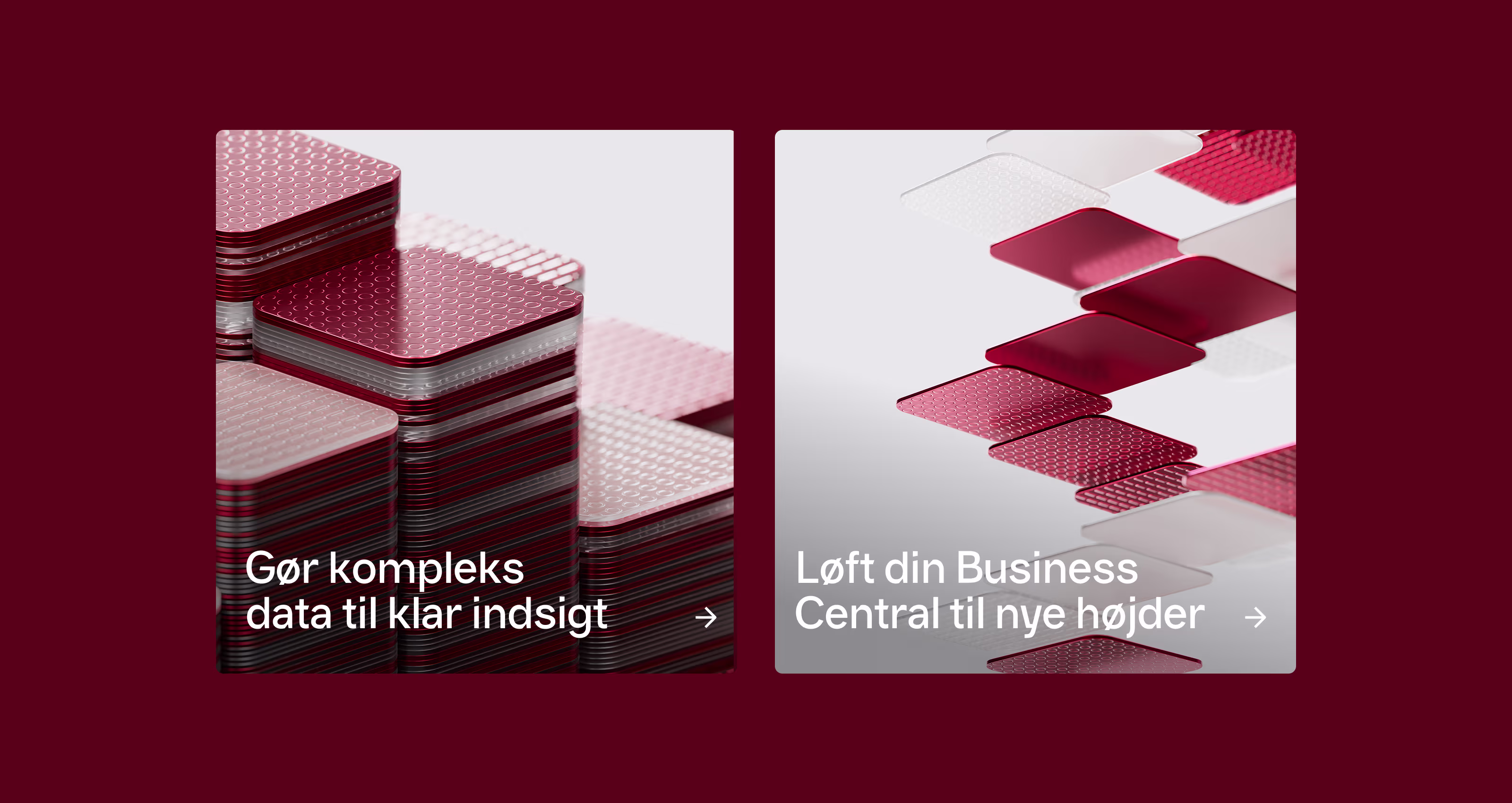 Stacked translucent red and white square tiles with circular patterns on the left, and floating red and white square tiles with similar patterns on the right.