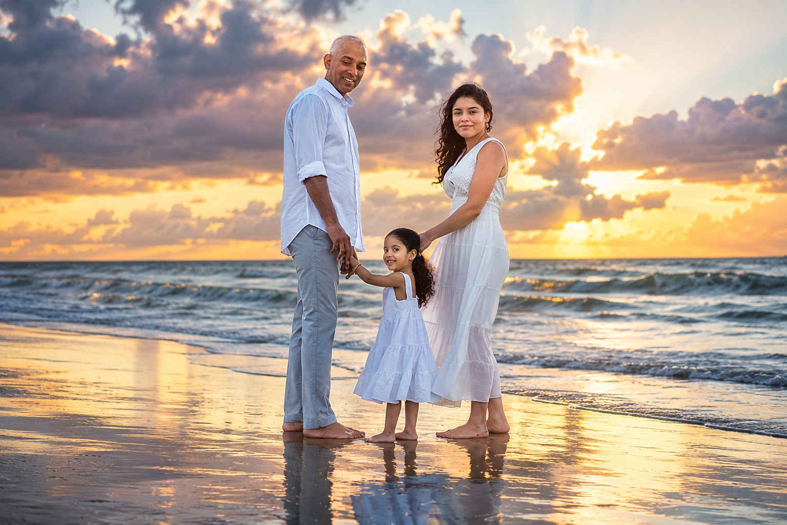 A family in white on the beaches of Port Aransas during a sunrise photography session.