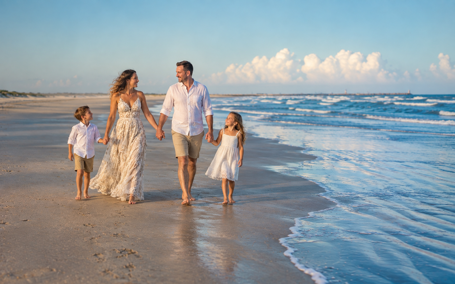 A family of four walks barefoot hand in hand along a beach near the ocean under a partly cloudy sky with soft waves at the shore.
