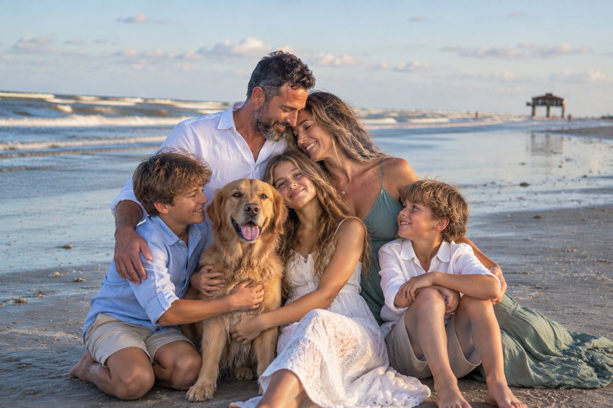 Smiling family of five sitting on a sandy beach with waves in the background, including a father, mother, two boys, a girl, and a golden retriever dog.