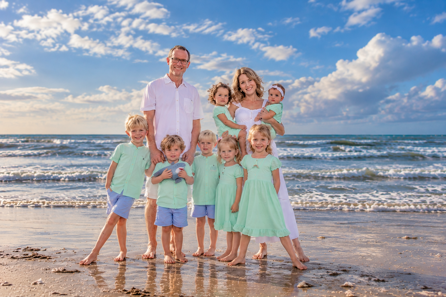 Large family beach portrait in Port Aransas, Texas, photographed by Shutterpix Photography.