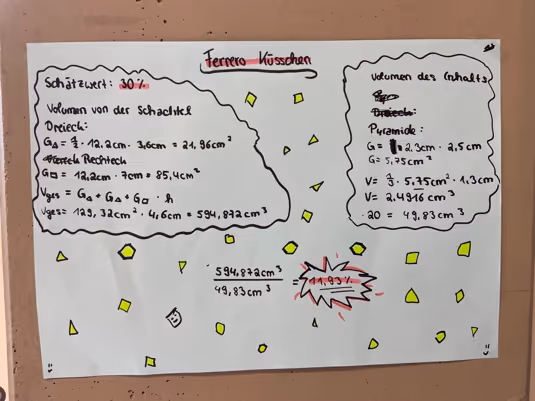 Handwritten geometry calculations on a white sheet comparing volumes of Ferrero Küsschen packaging shapes.