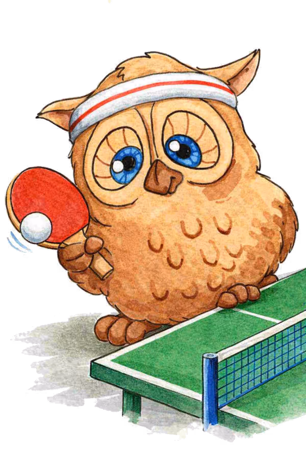 Wogli-Eule mit Stirnband spielt Tischtennis mit einem roten Schläger und Ball an einem grünen Tisch.