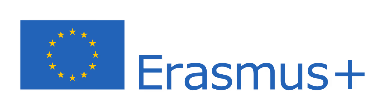 Logo der EU mit blauer Flagge und gelben Sternenkreis neben dem Text Erasmus Plus