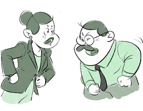 Illustration of an angry woman and man arguing, both clenching fists and leaning forward aggressively.