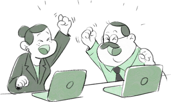 Illustration of two business people celebrating with raised fists while seated at laptops.