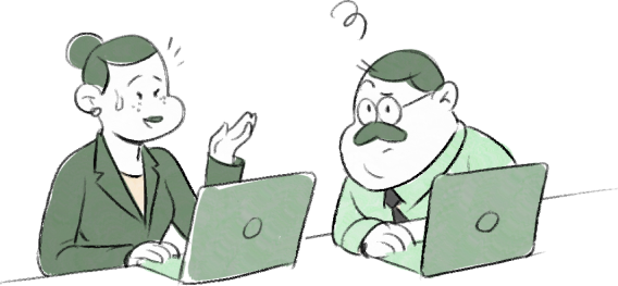 Illustration of a worried woman and a concerned man sitting with laptops facing each other.