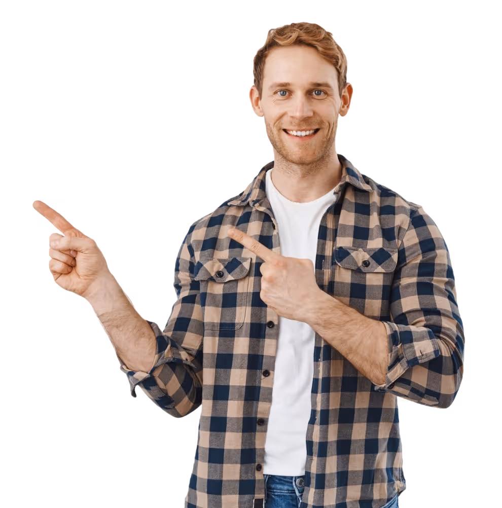 A English young man point at book an appointment 