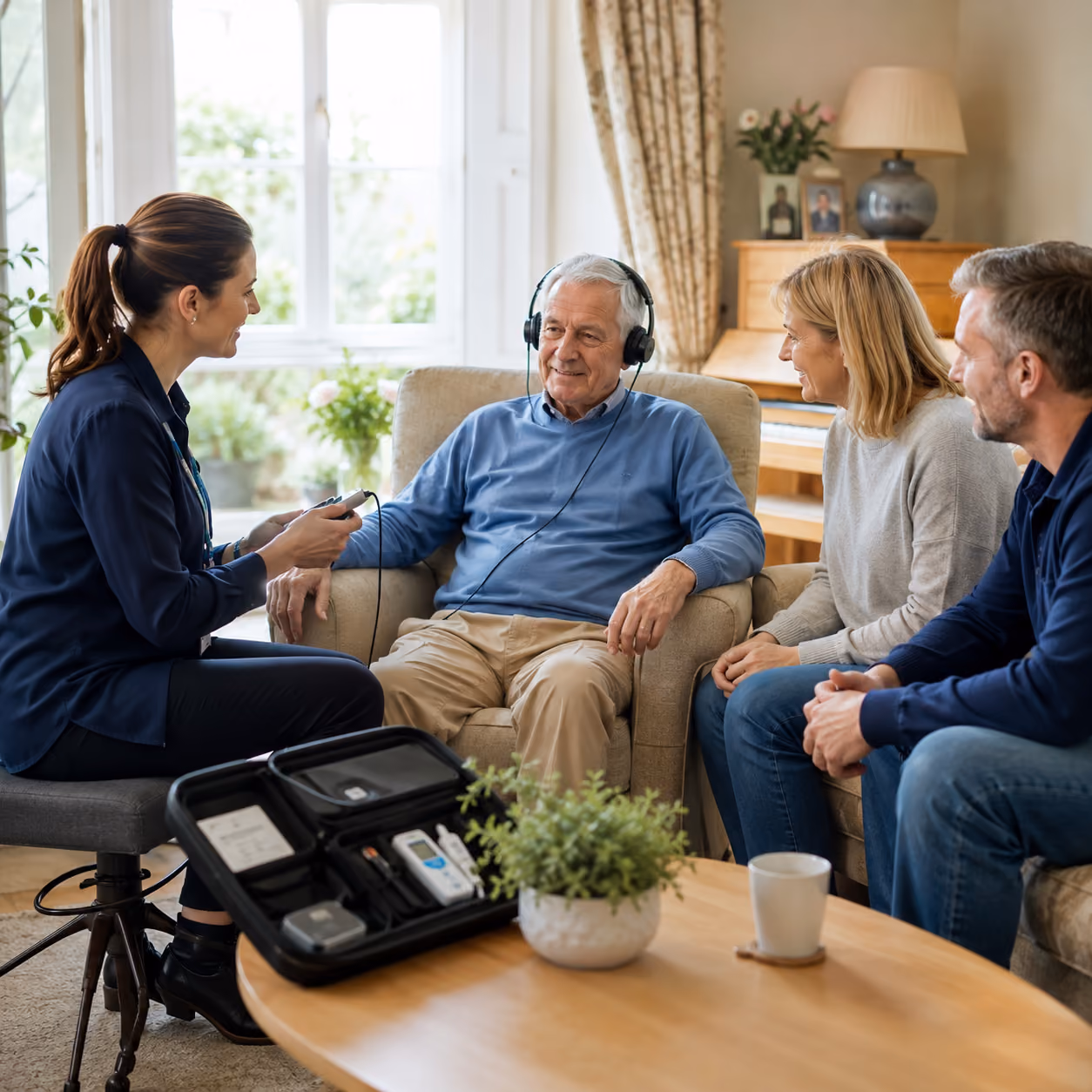 Audiologist assessing degree of hearing loss with loved ones at the patients side in a mobile hearing test..