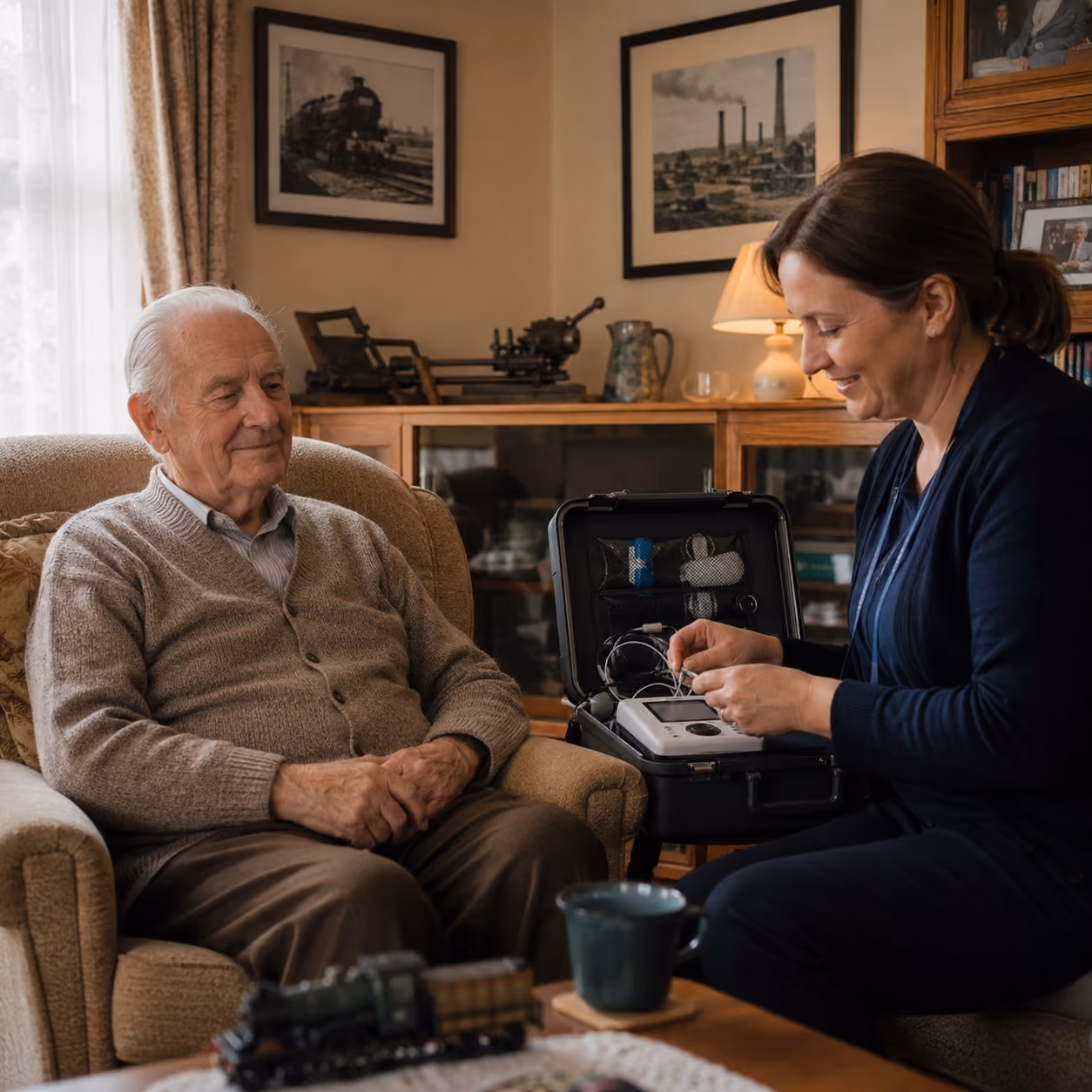 Mobile audiologist carrying out a hearing assessment to assess patients hearing via a home visit hearing test in peterborough.