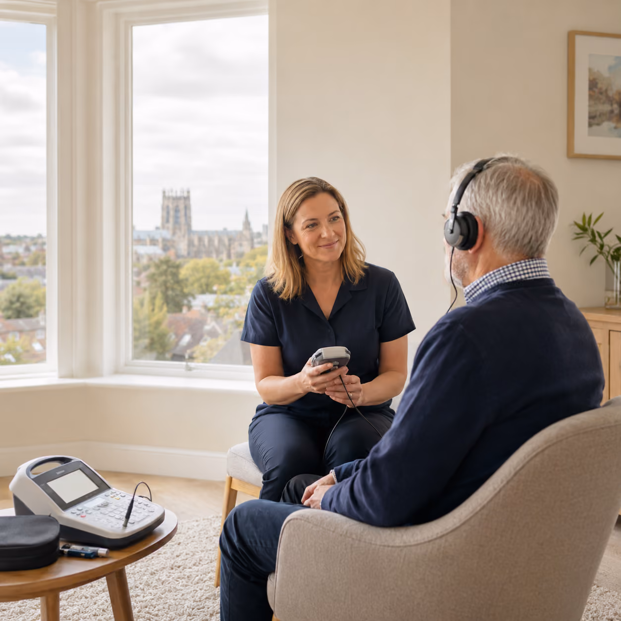 Hearing test carried out in the comfort of your own  home with your loves ones with you. 