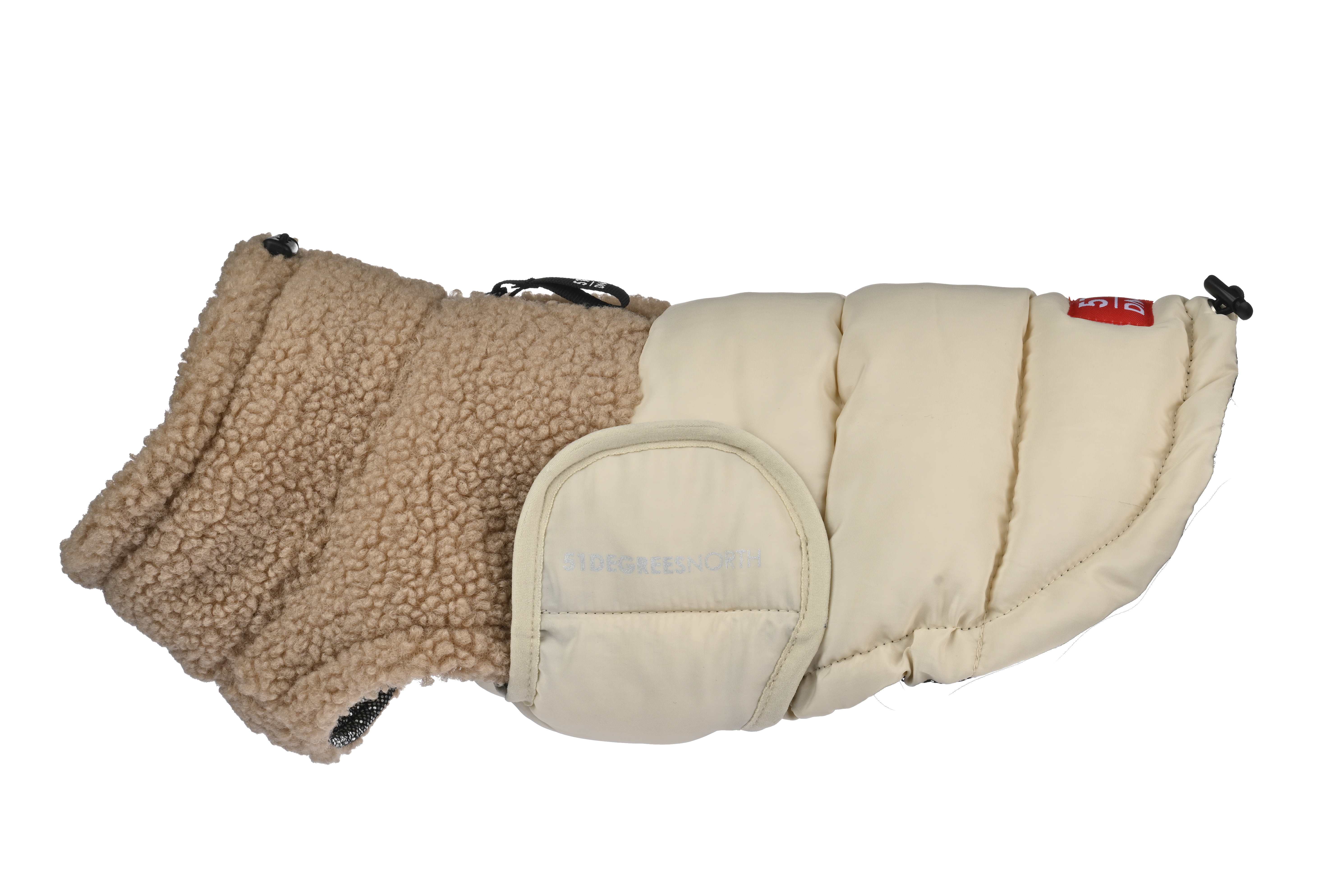 Close-up of a sherpa winter dog coat with water-resistant shell