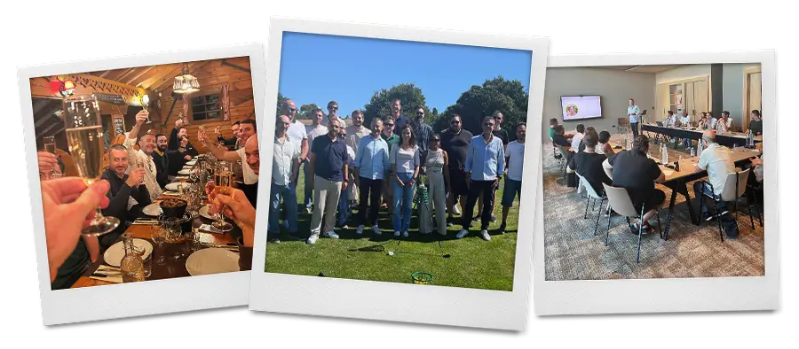 Plusieurs photos conviviale de l'équipe Systemlog Batappli (à table, en groupe au golf et en réunion de travail).)