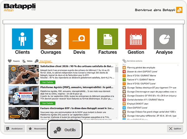 Ecran d'accueil de Batappli verison installé avec le bouton Outils mis en relief
