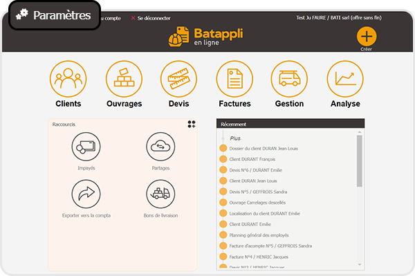 apercu de l'écran d'accueil de Batappli saas avec le bouton"Paramètres" mis en avant