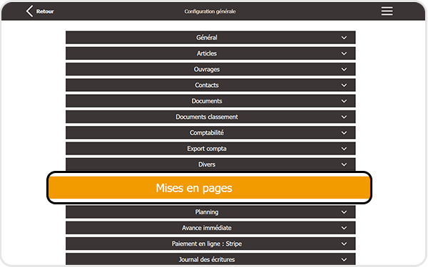 Capture d'écran du menu "Paramètres" de Batappli avec levmenu "Mise en Pages" sélectionné
