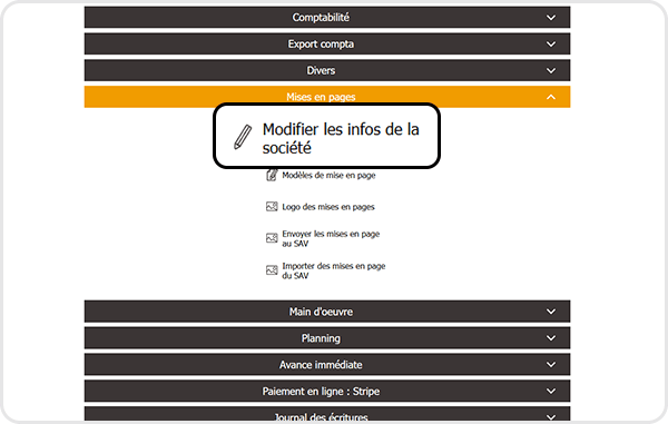 Aperçu du sous menu "mises en pages" pour saisir les informations légales de société