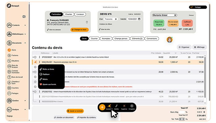 Aperçu de la fenêtre Batappli de création d'un devis de chantier avec menu flottant d'action rapide et le menu de navigation à gauche
