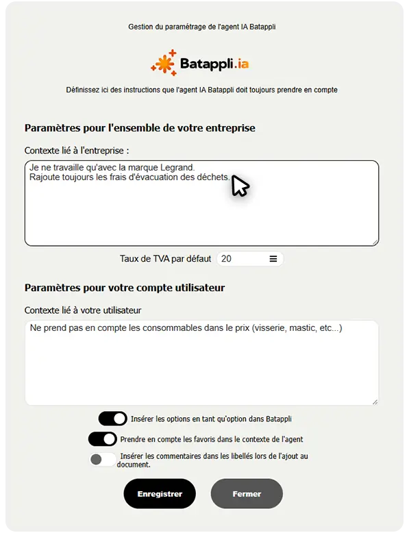 Aperçu de la fenêtre de paramétrage de Batappli.ia selon la façon de travailler de l'artisan