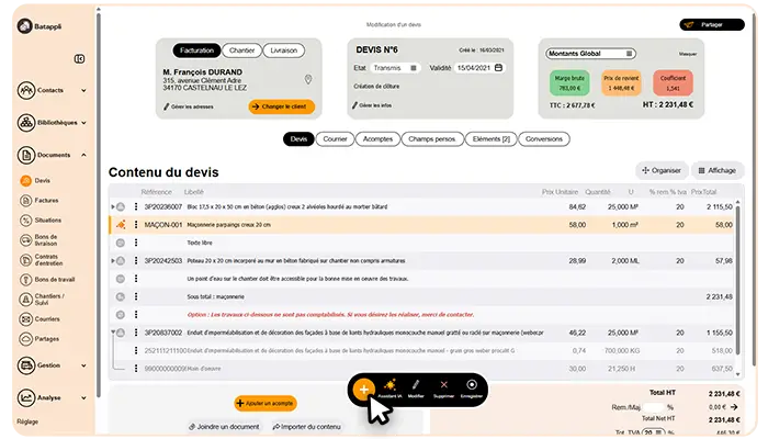 Aperçu de la nouvelle interface Batappli de création de devis de chantier