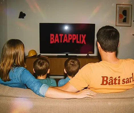 un artisan et sa famille de dos dans un canapé regardant netflix à la télévision 